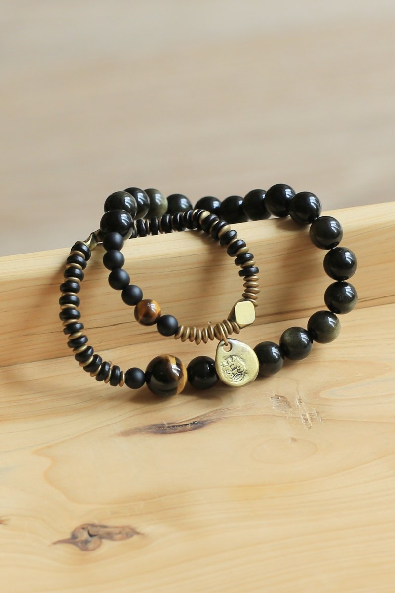 No.8-Original & Black Gold | Bronze, Yellow Tiger Eye Stone, Stone Stone , Ebony | Double Circle Bracelet - Bracelets - Semi-Precious Stones 