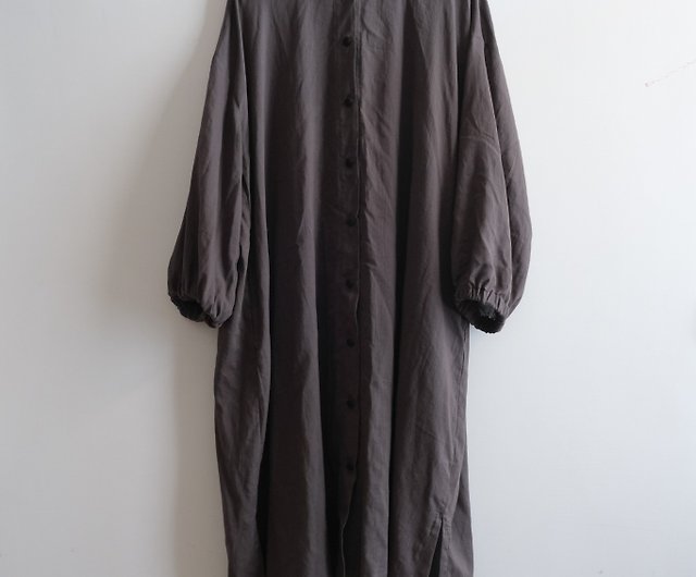 Tar iron gray puffed sleeve long shirt dress - Shop amerryheart