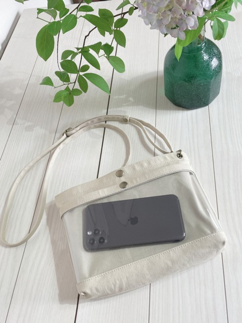 倉敷帆布 クリアポケット　ショルダーバッグ　サコッシュ　推し活　スマホポシェット　PVC　ベージュ - 側背包/斜背包 - 棉．麻 