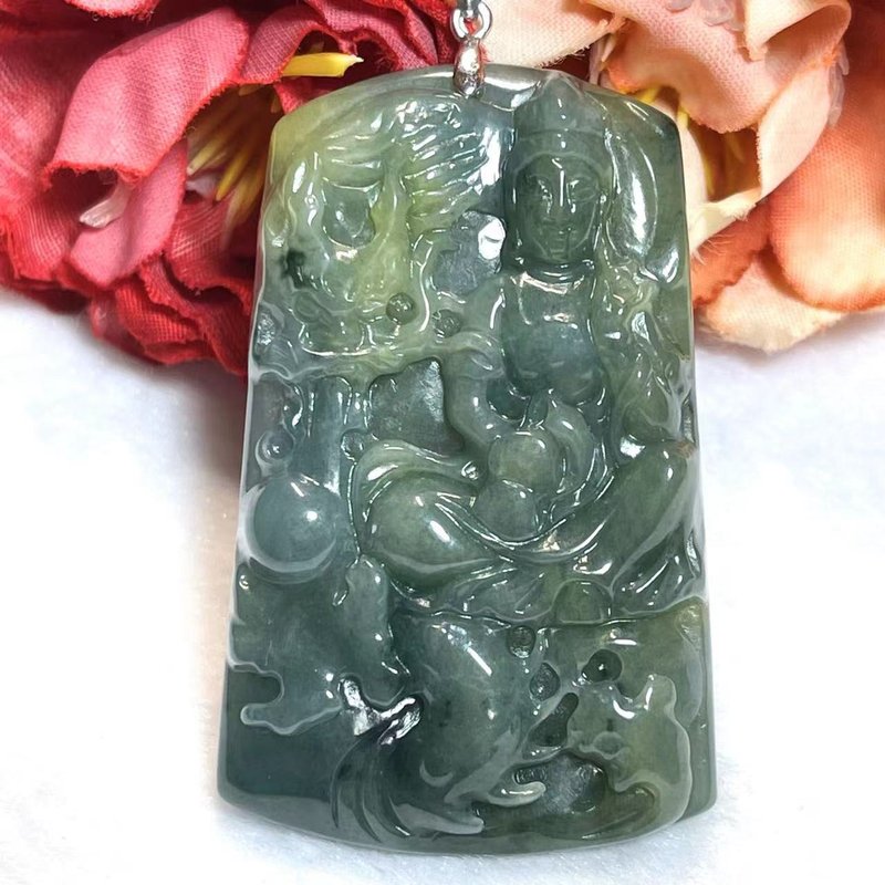 Multi-precious Stone/natural jadeite A cargo Chenglong Guanyin/Dragon head Guanyin/wei material jade/blue water Guanyin/with certificate - Necklaces - Jade Blue