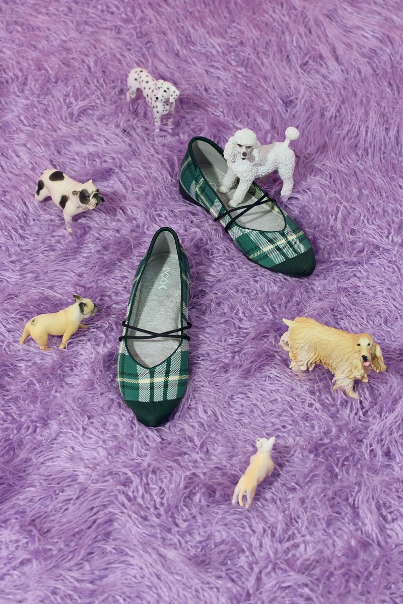 Bad Girl Flats Green Plaid - รองเท้าบัลเลต์ - เส้นใยสังเคราะห์ สีเขียว