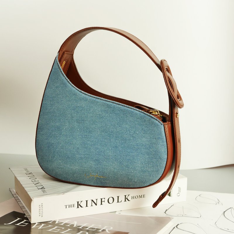 JAYCHEWIN - KissMe Shoulder Bag ผ้ายีนส์ Denim with Leather - กระเป๋าถือ - หนังแท้ สีน้ำเงิน