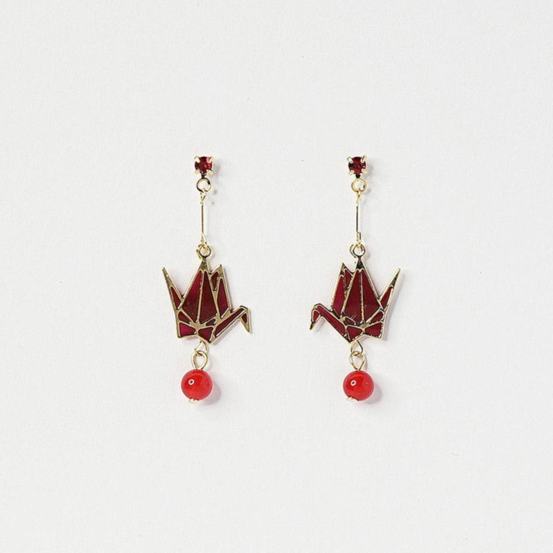 Happy Paper Crane Natural Stone Pink Red Osevia Made in Japan - Earrings & Clip-ons - Other Metals Pink