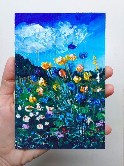 油絵 絵画 【野花の風景】 野花絵画油絵原画オリジナルアート花風景画アートワーク