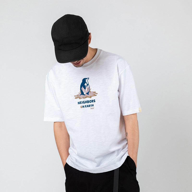 企鵝白色印花小領口廓形寬松通勤短袖棉T恤 竹節棉 街頭 - 男 T 恤 - 棉．麻 白色