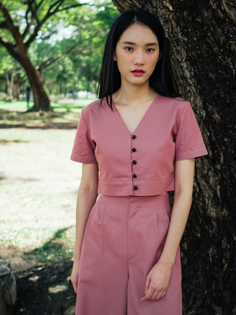 (SIZE S) ROSE PINK COTTON LINEN BUTTON FRONT CROP TOP - 女上衣/長袖上衣 - 棉．麻 粉紅色