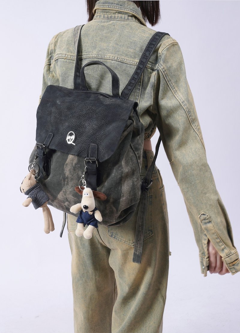 REBIRTH wild setting double shoulder wasteland style commuter denim retro genuine leather school bag large capacity stitching wandering - Backpacks - Cotton & Hemp 