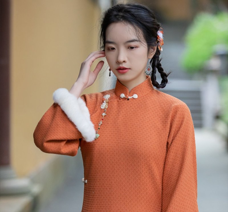 Ice and Snow Sweet Orange Chinese Retro Style Wool Neck Autumn and Winter High-end Ancient Cheongsam - Qipao - Wool Orange