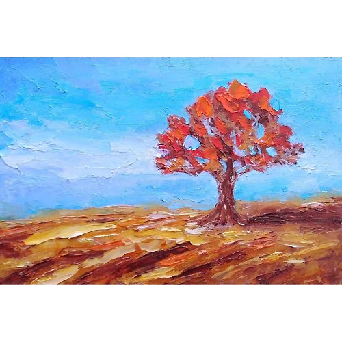 ColoredCatsArt Oak Tree Original Painting, Fall Landscape Wall Art, Sky Minimalism, 手工油畫, 油畫原
