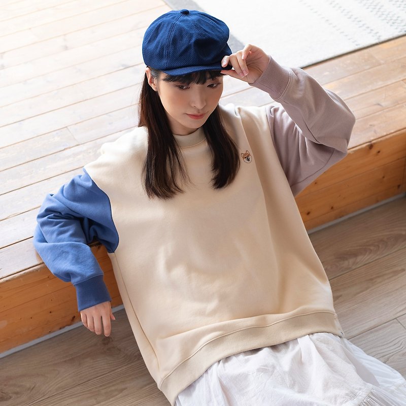 【PJai the Shiba】Embroidery Colorblock Sweater - Grey / Beige Multicolor (SW220) - เสื้อยืดผู้ชาย - ผ้าฝ้าย/ผ้าลินิน สีกากี