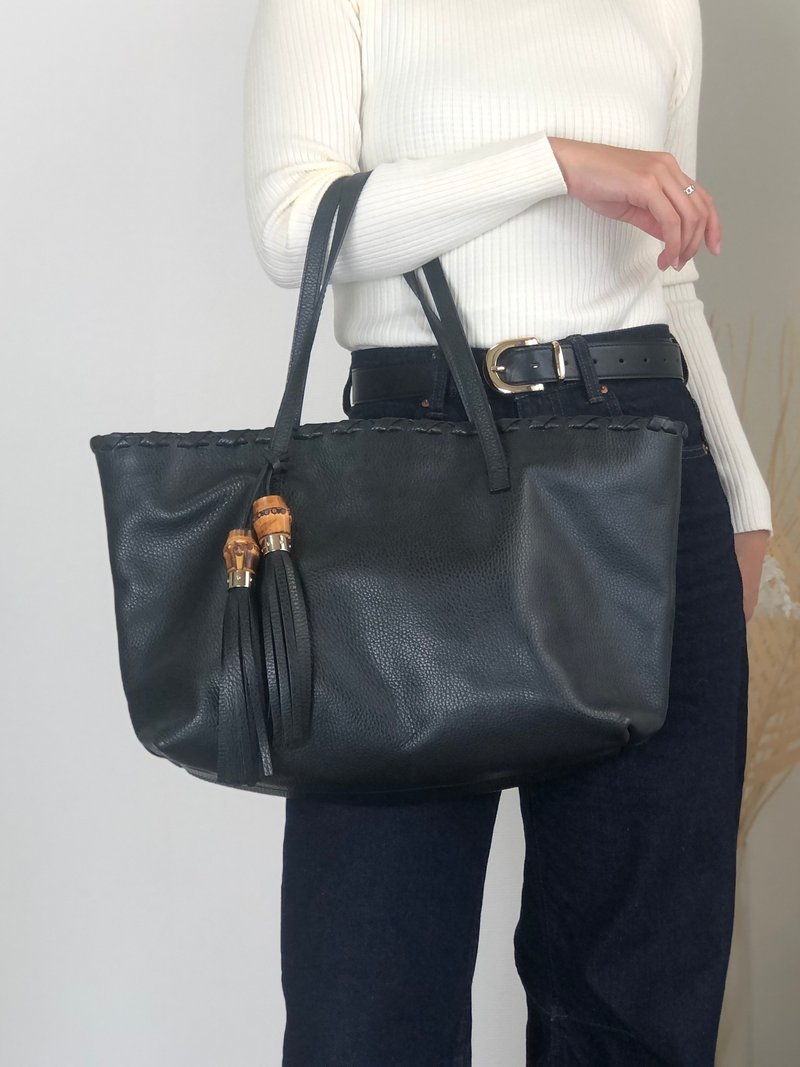 【Direct from Japan Luxury Vintage Bag】GUCCI Tote Bag Black Bamboo Leather Vintage Old 5j436w - กระเป๋าถือ - หนังแท้ สีดำ