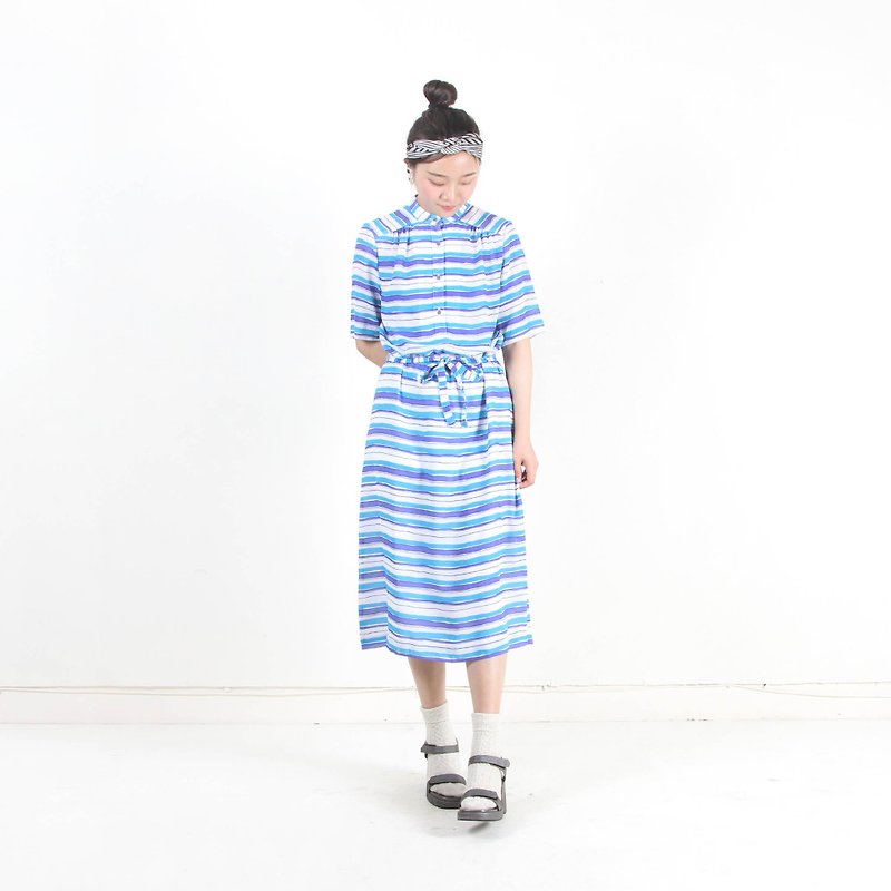 [Eggs and plants] vintage striped print short-sleeved vintage dress - One Piece Dresses - Polyester Blue