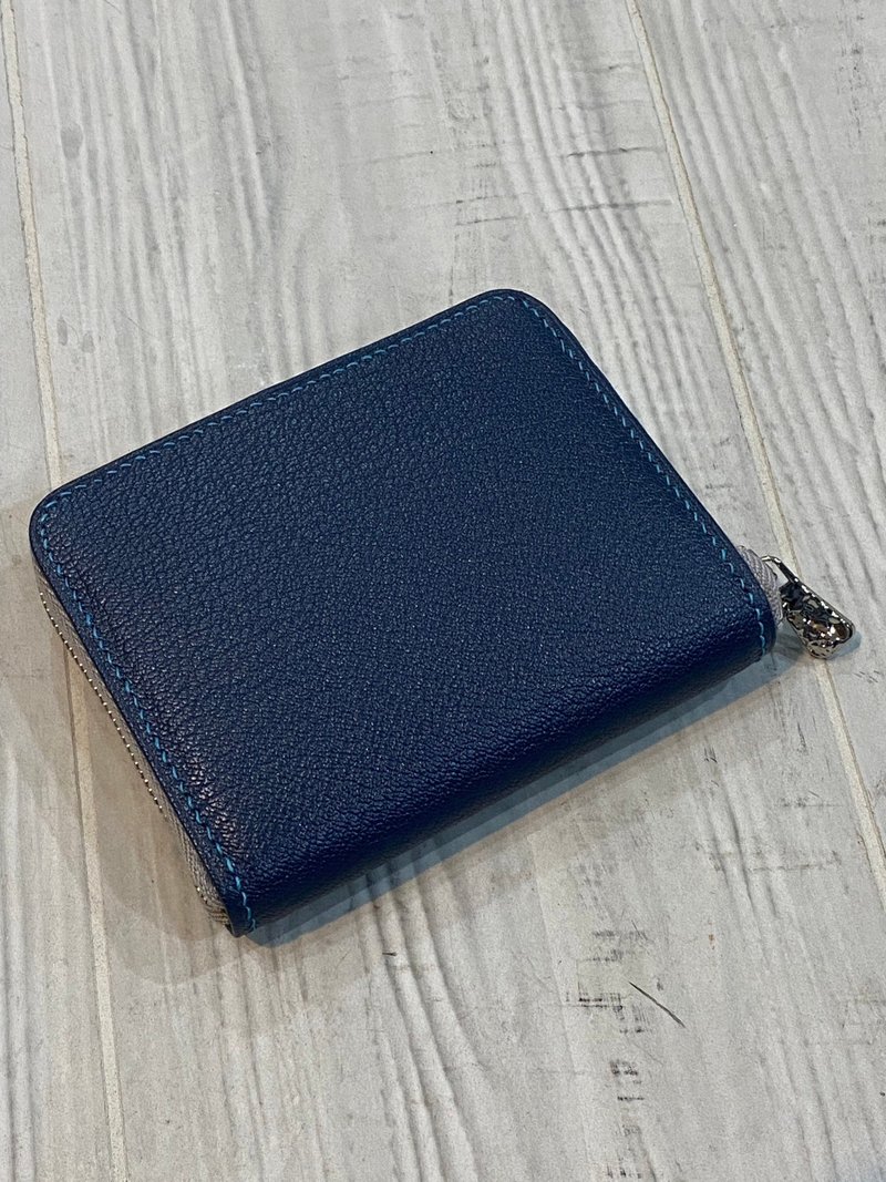 ㄇ-shaped short clip coin purse hand bag ㄇ-shaped zipper bag (imported French sheepskin) (dark blue) - กระเป๋าใส่เหรียญ - หนังแท้ 