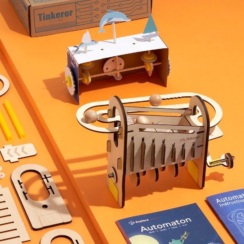 Gift Idea - Tinkerer Box Automaton Ages 9+ Kids DIY Creative Gift - Wood, Bamboo & Paper - Wood Orange