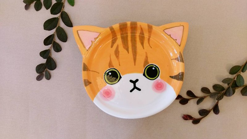 Valentine's Day birthday gift preferred orange tabby underglaze painted pinch modeling plate - Small Plates & Saucers - Porcelain Multicolor