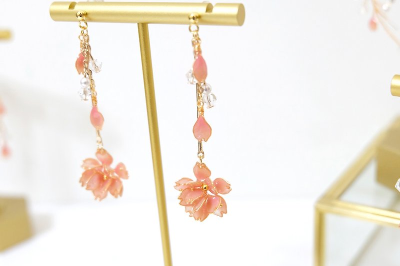 耳針x耳夾水晶花-櫻花系列-垂櫻 - 耳環/耳夾 - 樹脂 粉紅色