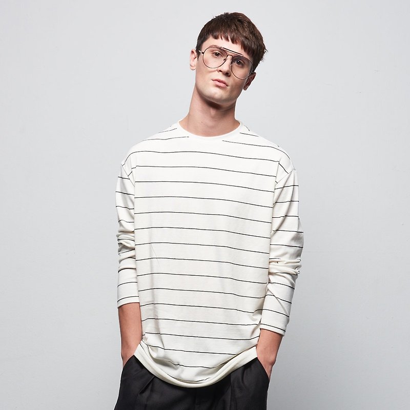 Stone@S Oversize Stripe Long Sleeve T-Shirt / Falling Shoulder Stripe Long - Men's T-Shirts & Tops - Cotton & Hemp White