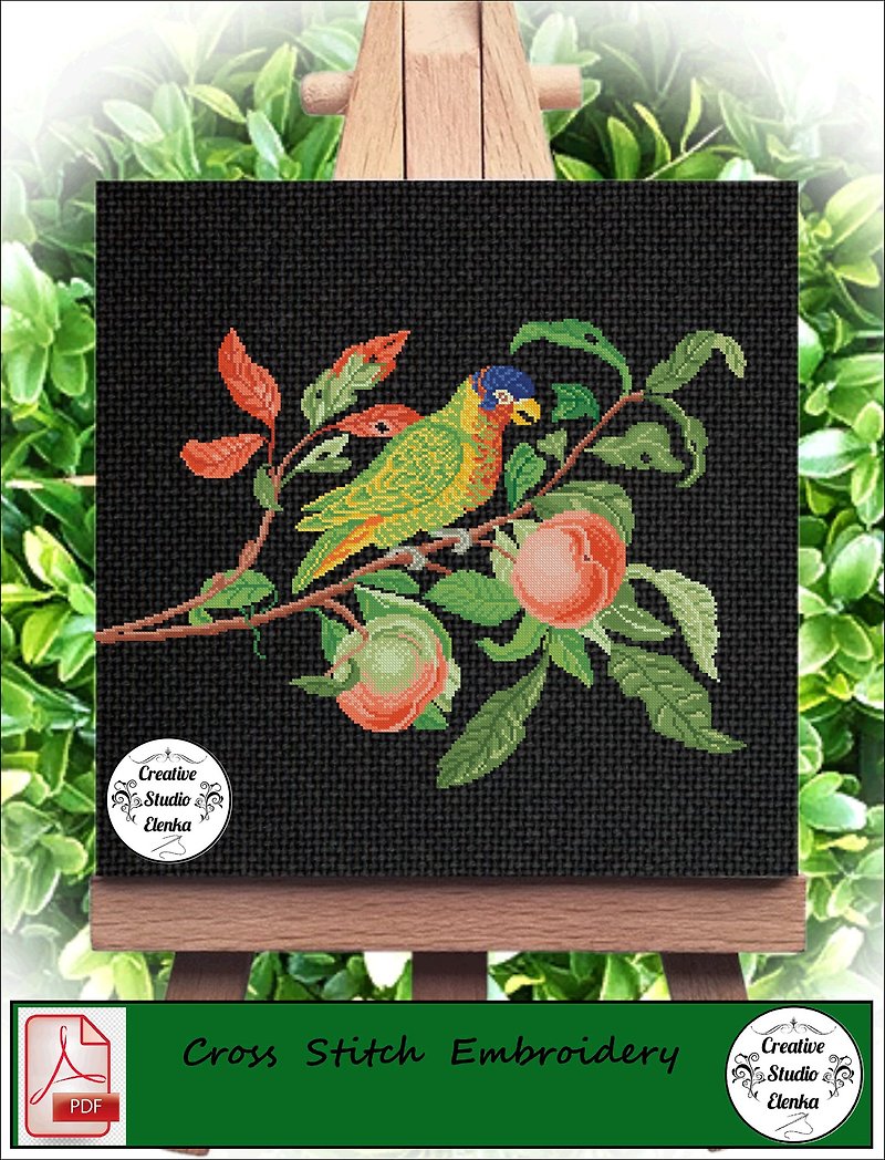 Vintage Cross Stitch Scheme Green parrot - PDF Embroidery Scheme