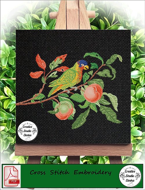 CreativeStudioElenka Vintage Cross Stitch Scheme Green parrot - PDF Embroidery Scheme
