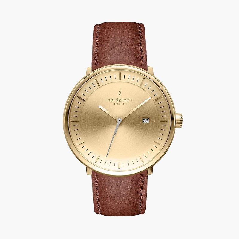 Nordgreen Philosopher Champagne Gold Series Vintage Brown Leather Watch 36mm