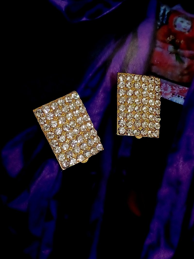 vintage jewelry  方形滿天星萊茵夾式耳環 - 耳環/耳夾/耳骨夾 - 其他金屬 