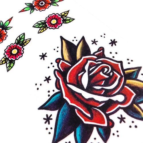 ╰ LAZY DUO TATTOO ╮ LAZY DUO手繪紋身貼紙美式傳統刺青古典復古玫瑰花鮮紅彩色格另類