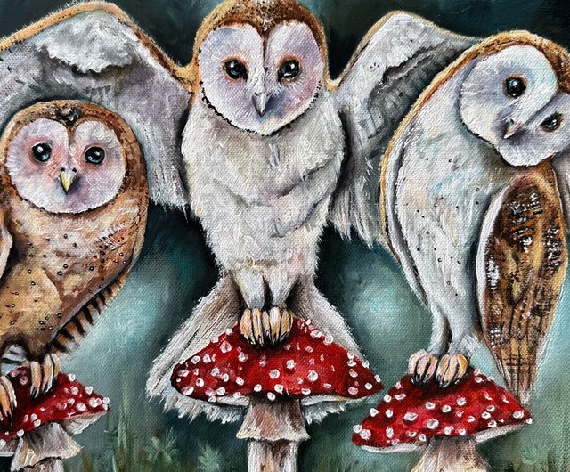 メンフクロウのオリジナルのキャンバス絵画、鳥の壁アート、フクロウの壁の装飾動物の絵画 - ショップ アンナ-森-アート ウォールデコ・壁紙 -  Pinkoi