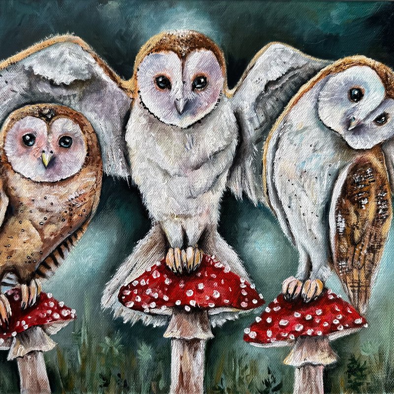 Barn Owl original canvas painting, Bird wall art, Owl wall decor Animal painting - 壁貼/牆壁裝飾 - 棉．麻 多色