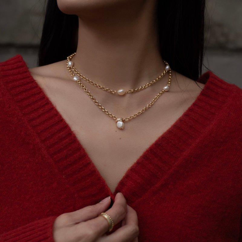【Handcrafted Design】Jocelyn・Versatile Baroque Pearl Sweater Chain - สร้อยคอ - ไข่มุก สีทอง