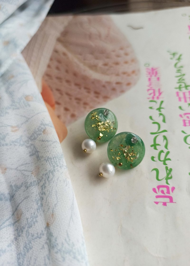 【限定】小圓珍珠耳環  手製樹脂珠 鋯石 /翠綠 - 耳環/耳夾/耳骨夾 - 珍珠 綠色