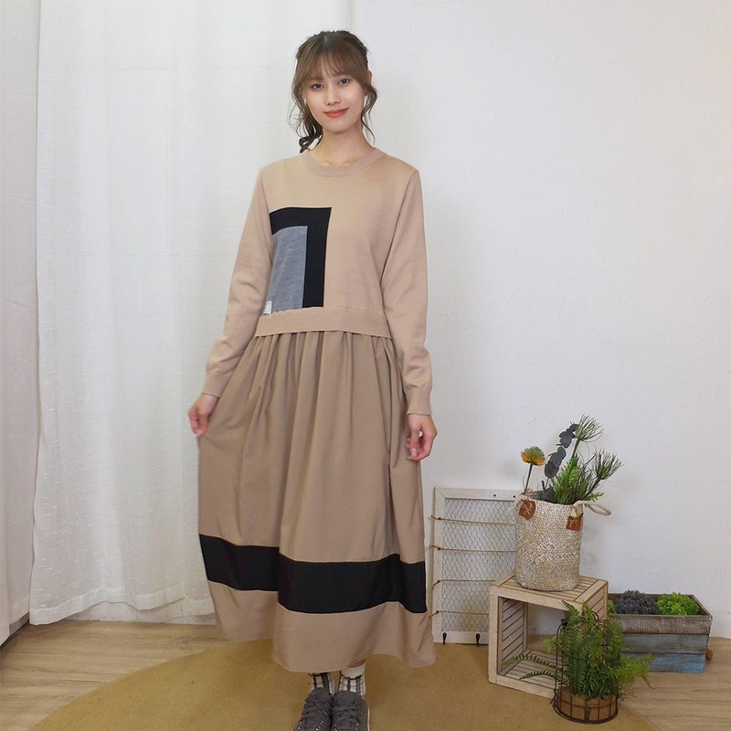 Hana Mokuba asymmetric contrast needle-woven panel dress - ชุดเดรส - วัสดุอื่นๆ 