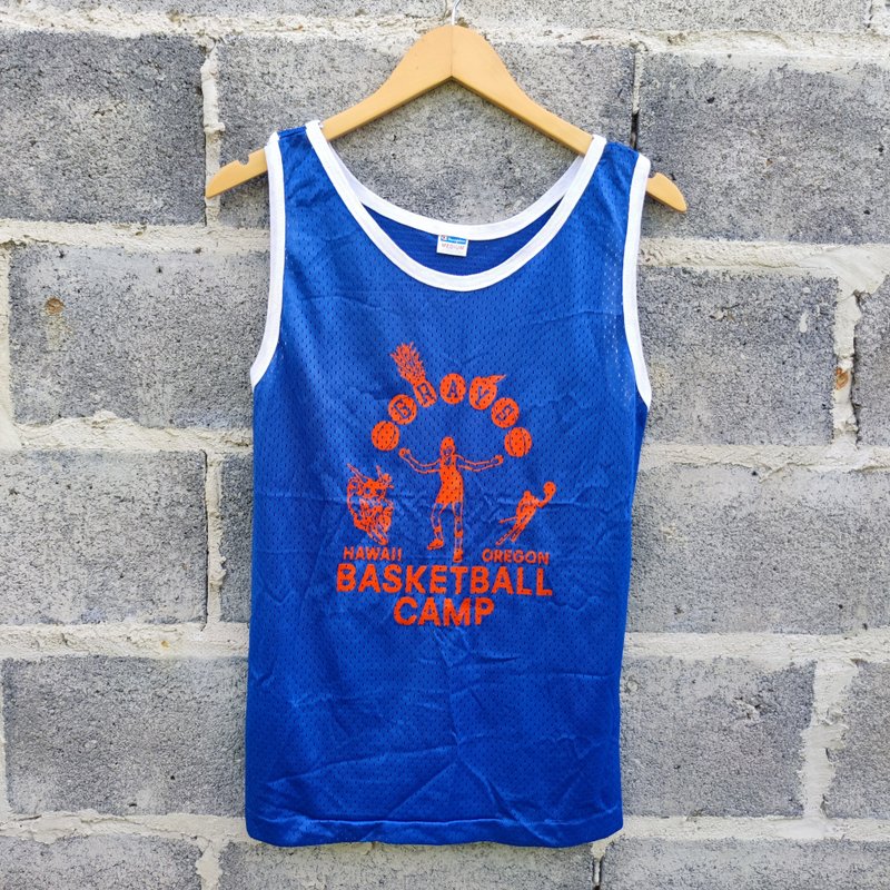 Vintage 70s Champion Gray's Hawaii Oregon Basketball Camp Tank Top - เสื้อกั๊กผู้ชาย - ผ้าฝ้าย/ผ้าลินิน สีน้ำเงิน