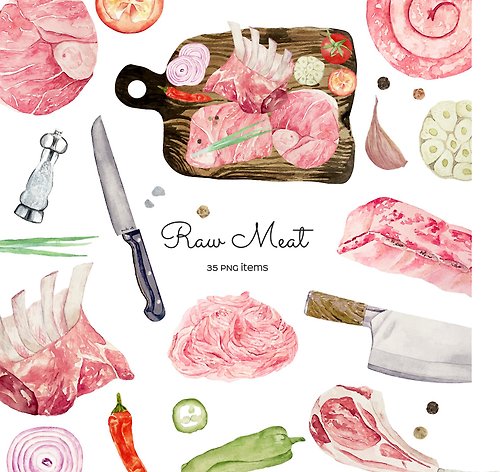 Art and Funny Watercolor Raw meat clipart. Fresh meat slice illustration