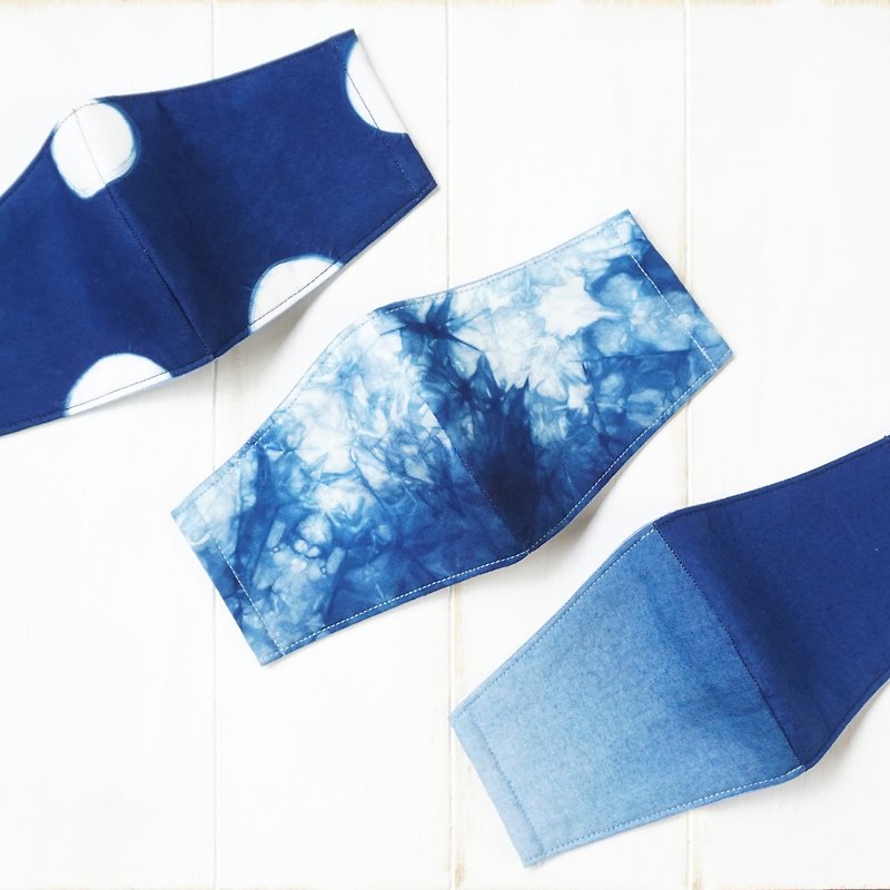 S.A x 藍染立體口罩 Macaron/ Ocean/ Ink Painting - 口罩/口罩收納套 - 棉．麻 藍色