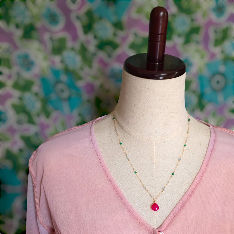 14k gold filled natural stone fuchsia pink chalcedony green onyx blue topaz necklace - สร้อยคอ - เครื่องประดับพลอย สึชมพู