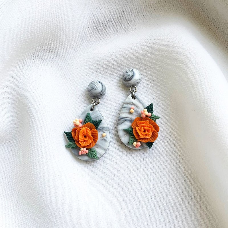 Maureen-Flowers on the Rock-Orange-Series-Little Water Drops-Handmade Soft Pottery Earrings - Earrings & Clip-ons - Pottery Black