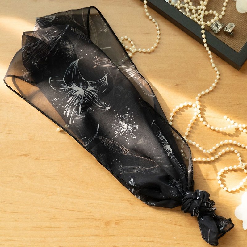雪紡窄版多用途絲巾18×90cm/珠珠與花花品牌同名經典款 - 絲巾 - 聚酯纖維 黑色