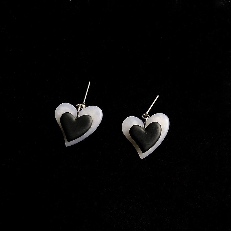 Soft Pottery Earrings Double Layer Small Love Black and White - Earrings & Clip-ons - Pottery Black