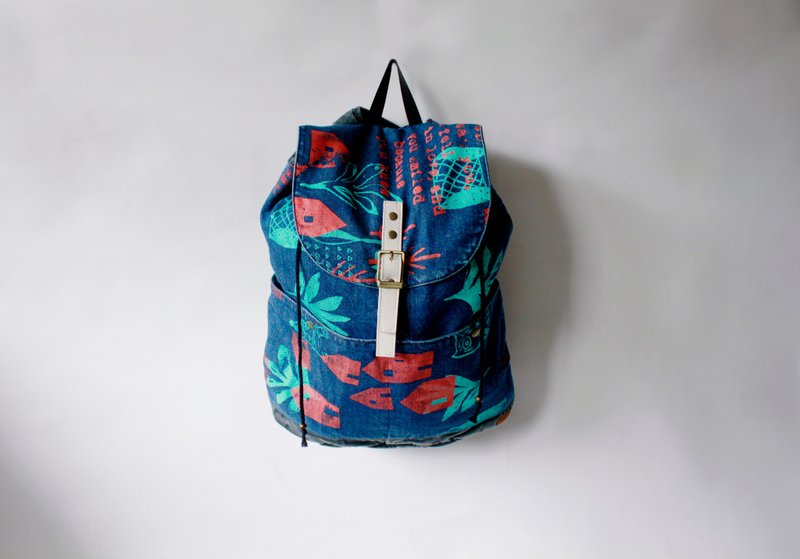 After the rope backpack small green leaves - Backpacks - Cotton & Hemp Blue