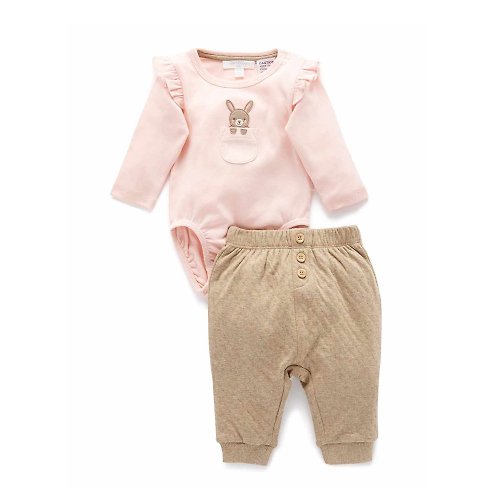 Purebaby有機棉 澳洲Purebaby有機棉嬰兒包屁衣褲套裝/新生兒 連身衣 粉色兔
