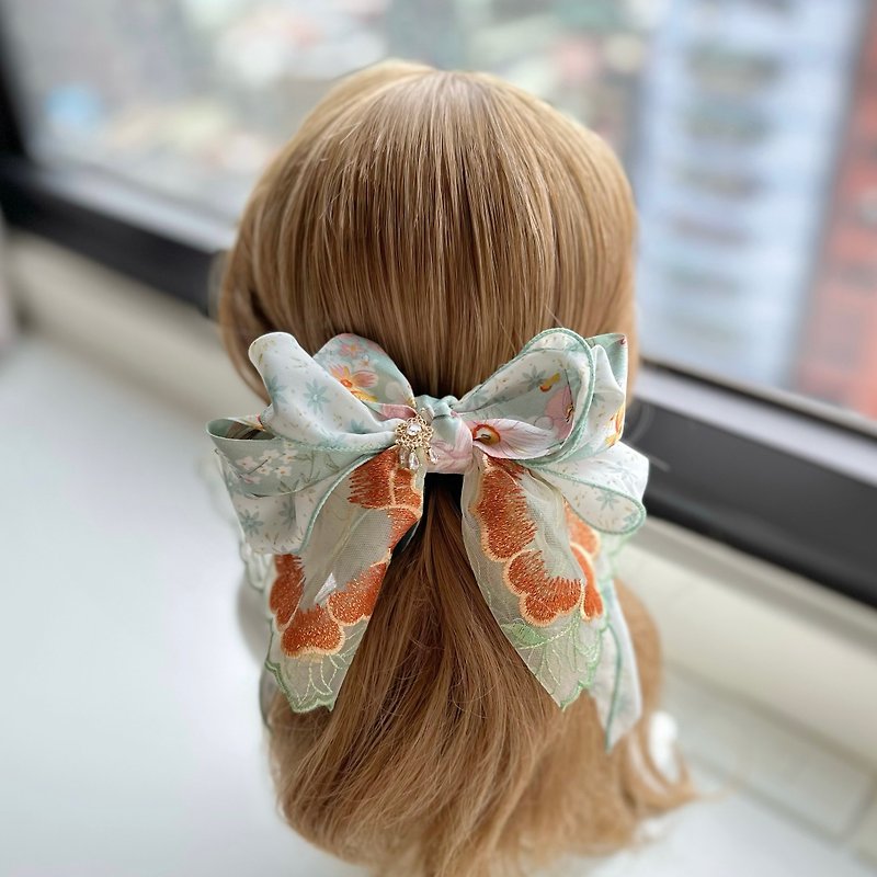 Exclusive small flower lace bow intersecting clip banana clip fairy clip hair clip - grass green - Hair Accessories - Other Materials Pink