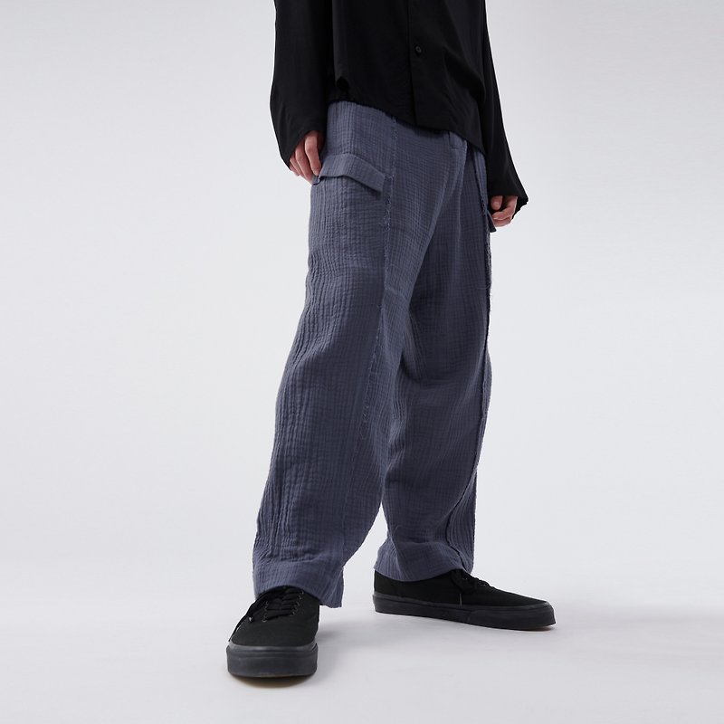 กางเกงขากว้างตรงแบบมีกระเป๋า - กางเกงขายาว - ผ้าฝ้าย/ผ้าลินิน สีน้ำเงิน