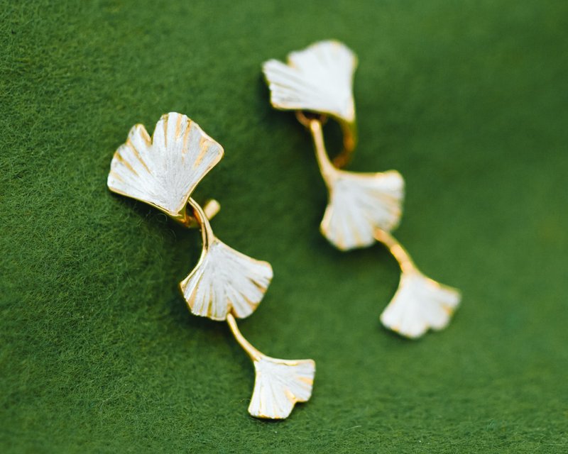 Gingko triple earrings - Classic style pierce - Japanese leaf - silver and gold - Earrings & Clip-ons - Silver Gold