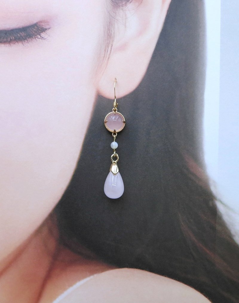 Lemon handmade agate powder crystal water drop earrings / American 14K gold-coat - Earrings & Clip-ons - Jade Pink