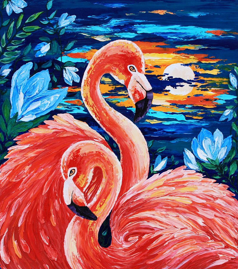 Pink Flamingo Painting Bird Original Art Impasto Artwork Oil Canvas - 海報/掛畫/掛布 - 其他材質 粉紅色