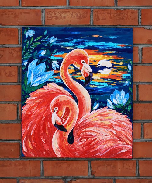 高評価アイテム ピンクフラミンゴ絵画鳥オリジナルアートインパストアートワーク 絵画