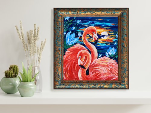 原画「餌を探すフラミンゴ」鳥/風景/イラスト/絵/アート/額付き フラミンゴ絵画ピンクの鳥オリジナルアート 2 つの絵画セット