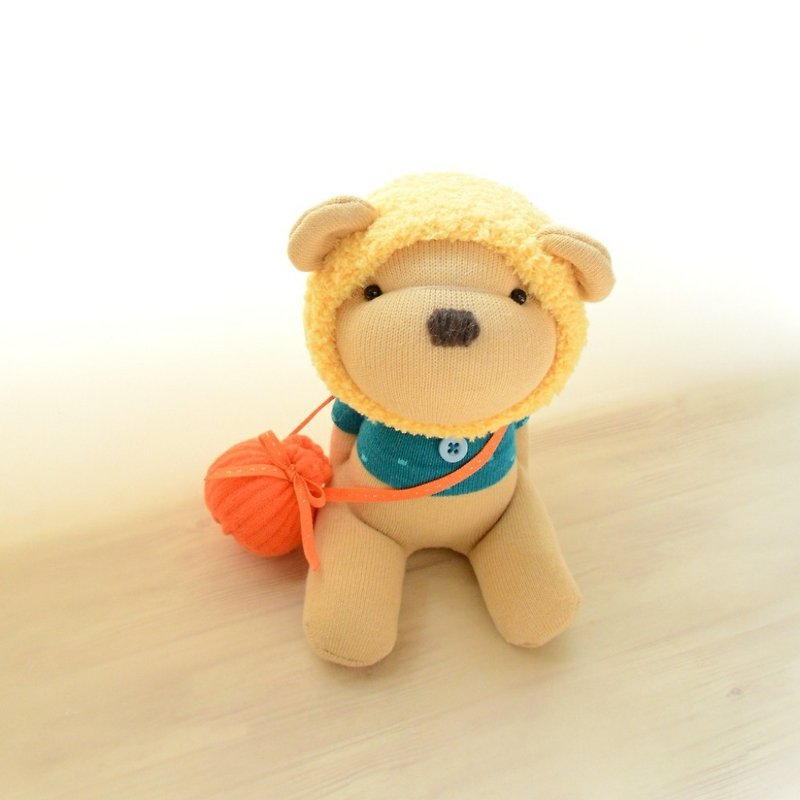 全手縫自然風襪子娃娃~黃帽藍T蜂蜜熊+仿蜂蜜罐 - 玩偶/公仔 - 棉．麻 黃色