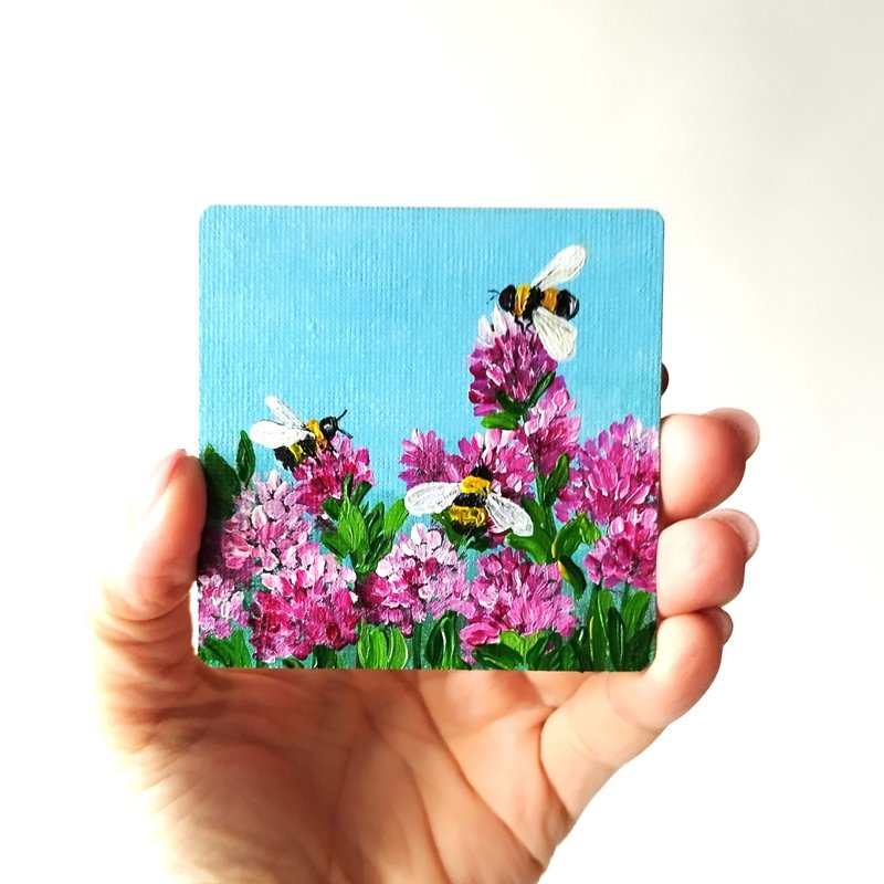 Bumblebees Impasto Painting on Magnet Flower Art Fridge Decor - 壁貼/牆壁裝飾 - 壓克力 多色