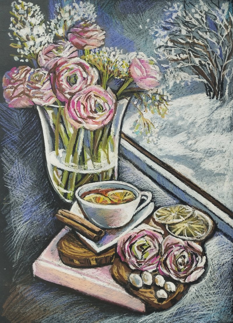 Ranunculus drawing flowers art painting oil pastel Morning breakfast - 壁貼/牆壁裝飾 - 紙 粉紅色